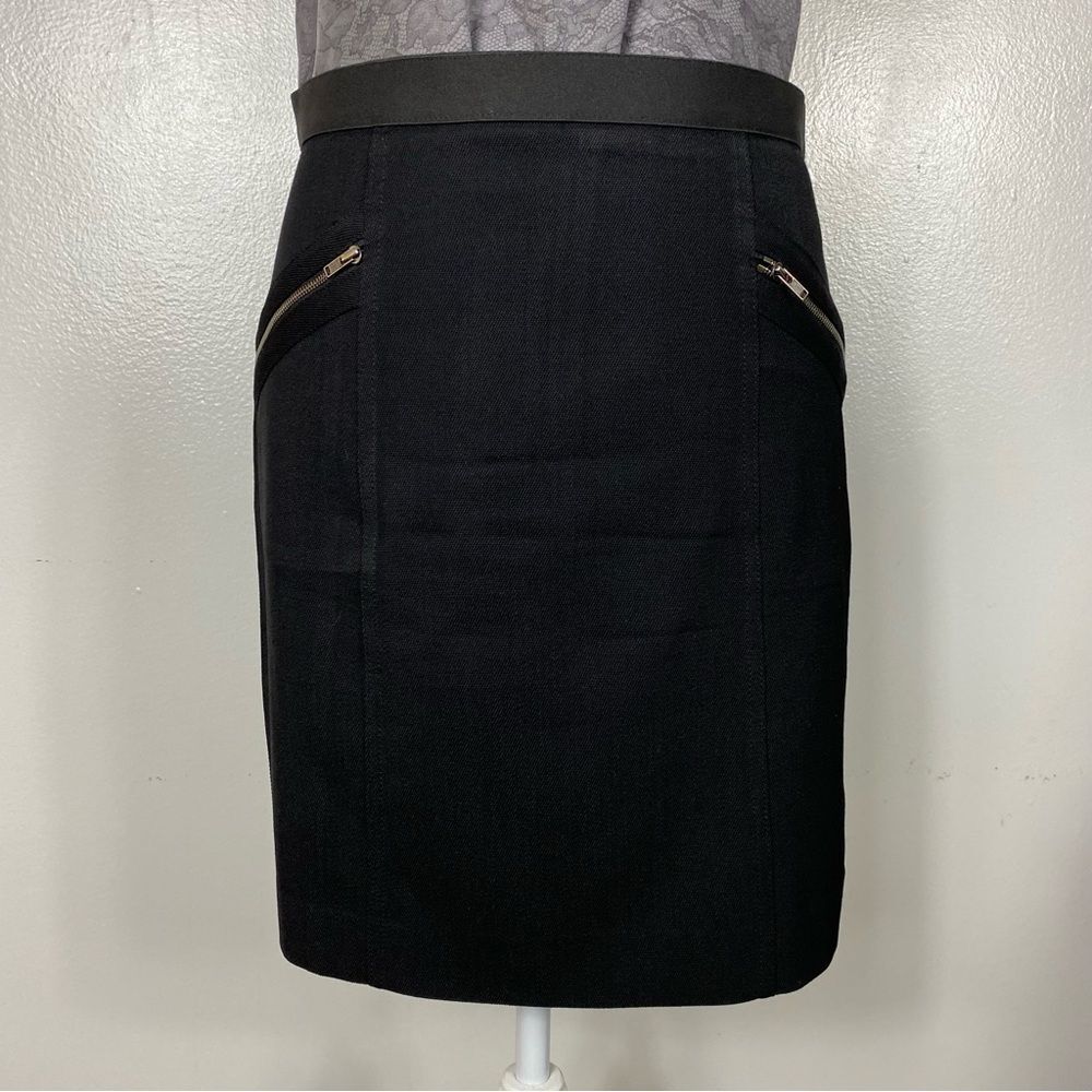 Theory black stretch waist wool mini skirt zipper pockets sz 6